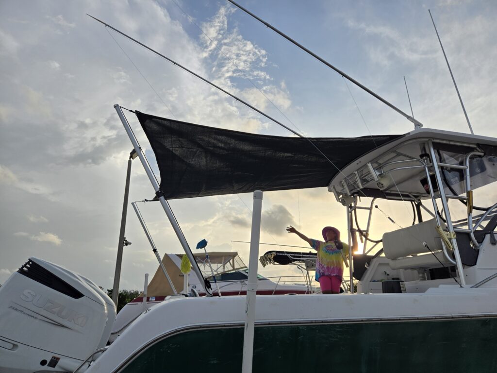Black custom shade panel stretched over the cockpit of a motorboat, with a person standing underneath it.